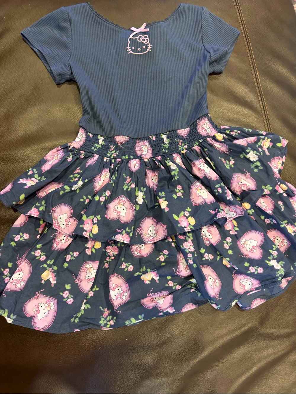 Hello Kitty Navy and Pink Ribbed Top with Floral Accents